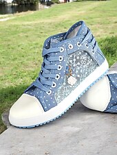 economico Sneakers da donna-sneakers alte in tela con lacci blu da donna con pannelli in rete ricamati, design a pois per abbigliamento casual e outdoor