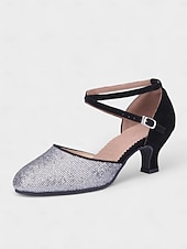 preiswerte Lateinamerikanische Schuhe-blaue und silberne Glitzer-Tanzschuhe mit überkreuzten Riemen – niedriger Absatzkomfort für Gesellschaftstanz und Bühnenbekleidung