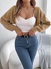 preiswerte Strickjacken und Oberbekleidung-Damen Strickjacke Pullover mit Zopfmuster Strassenmode Täglich Stilvoll Einfarbig Grobstricken Gehäkelt Öffnung vorne Ausgehöhlt Strick Raglanärmel Laternenärmel Langarm Crop Tops Stricken Heim Party