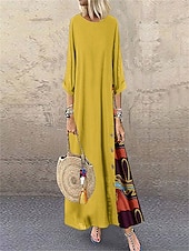 preiswerte bedruckte Kleider aus Baumwolle und Leinen-Damen Maxikleid Baumwoll-Leinen-Kleider Freizeitkleid Vintage Stilvoll Ethnisch Urlaub Täglich Lässiger Schnitt Blumen Dreiviertelarm Rundhalsausschnitt Gelb Wein Khaki Armeegrün Frühling Herbst