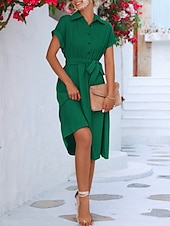 preiswerte Kleider für die Arbeit-Damen Midikleid blusenkleid Casual kleid A Linie Kleid Stilvoll Ausgefallene Arbeit Täglich Regular Fit Glatt Kurzarm Hemdkragen Rosa Grün Sommer Frühling
