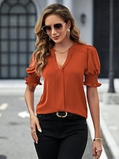 preiswerte Einfache Blusen-Damen Hemd Bluse Einfarbig Stilvoll Lässig Kurzarm Langarm V Ausschnitt Normale Oberteile Täglich Arbeit Ferien Schwarz Weiß Pudriges Rosa Orange Grün Sommer Frühling