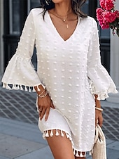 preiswerte Weiße Spitzenkleider-Damen Minikleid Weißes Kleid Brautkleider schlicht Ausgestellter Ärmel Urlaub Täglich Lockere Passform 3/4 Ärmel V Ausschnitt Weiß Hellgrün Sommer