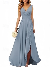 abordables Robes de demoiselle d&#039;honneur-Robe en A Robe de demoiselle d&#039;honneur Col en V Sans manches Élégante Longueur de sol Chiffon avec volants  fente avant  fronces