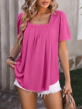 cheap T-shirts-Women&#039;s Boho T-shirt Plain Bohemia Stylish Basic Short Sleeve Puff Sleeve Square Neck Regular Tops Daily Going out Weekend Dressy Tunic Black White Light Green Pink Royal Blue Summer