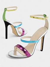 abordables Fête de la Vie Nocturne-talons aiguilles métalliques multicolores pour femmes – sandales à bout ouvert vibrantes pour les fêtes et les événements spéciaux
