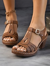olcso Nyári szandálok-női vintage, nyitott orrú, vaskos sarkú szandál - elegáns nyári cipő csatos pánttal és üreges kialakítással alkalmi, munkahelyi vagy szabadtéri alkalmakra