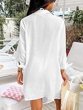preiswerte Strandkleider-Damen Badeanzug Zudecken Schwimm-Kleid Bademode Knopf Tasche Urlaub Strandbekleidung Feste Farbe V Ausschnitt Langarm Badeanzüge