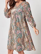preiswerte Ausgefallene Kleider-Damen Minikleid Vintage-Kleid A Linie Kleid Boho-Kleid Stilvoll Brautkleider schlicht Urlaub Täglich Regular Fit Blumen Langarm V Ausschnitt Rote Sommer
