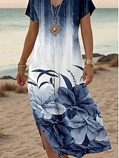 abordables Robe Fleurie-Femmes Robe maxi Robe Décontractée Robe Maxi Robe d&#039;Été Robe fourreau Élégant Occasionnel Épaules tombantes Vacances Quotidien Coupe régulière Fleuri Manche Courte Col en V bleu marine Printemps