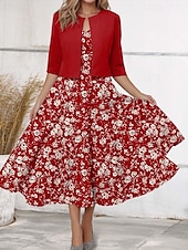 abordables Robe Fleurie-Robe Midi Femme Robe Décontractée Robe en Chiffon Robe Évasée Élégante Rendez-vous Coupe Régulière Fleurie Manches Mi-longues Col V Rouge Printemps