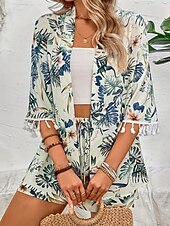 billiga Blazers och kostymer-Dam Kostymer Andningsfunktion Bekväm Tofs Mönster Ledigt Blommig Semester Gata Dagliga kläder Utekväll Öppen front Normal Kraglös Normal 3/4 ärm Ytterkläder Vit Sommar Vår