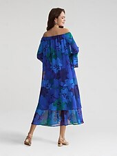 economico Abiti floreali-Abito maxi a maniche lunghe a maniche lunghe con spalle scoperte floreali blu royal per invitati al matrimonio in chiffon