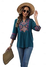 billige Boho topper-Dame Boho skjorte Elegant Bohem Daglig Helfarge Blomstret Vanlige topper 3/4 ermer 3/4-ermer V-hals Broderi Løstsittende Arbeid Daglig Ut på byen Svart Grønn Sommer