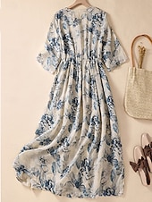 preiswerte bedruckte Kleider aus Baumwolle und Leinen-Damen Maxikleid Baumwoll-Leinen-Kleider Freizeitkleid Schwingkleid Maxikleid aus Baumwolle Basic Lässig Urlaub Täglich Normale Passform Blumen Kurzarm V Ausschnitt Khaki Sommer