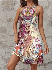 economico Abiti Boho-Per donna Mini abito Abito casual Mini abito Prendisole Abito estivo Informale Da mare Giornaliero Cocktail party Standard Motivo cashemire Senza maniche Halter Neck Rosa Estate