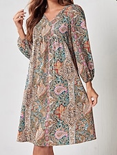 preiswerte Ausgefallene Kleider-Damen Minikleid Vintage-Kleid A Linie Kleid Boho-Kleid Stilvoll Brautkleider schlicht Urlaub Täglich Regular Fit Blumen Langarm V Ausschnitt Rote Sommer