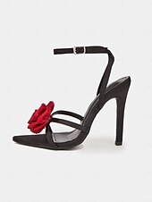 cheap Heeled Sandals-Black High Heel Sandals with Red Floral Embellishments - Chic Party Shoes for Women and Wedding