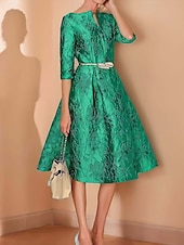 abordables Longueur du thé-Robe mère de la mariée A-Line élégante minimaliste à col en V longueur thé en jacquard à demi-manches avec ceinture embellie robe de jour de course robe invitée de mariage