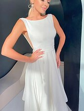 abordables Petites Robes Blanches-Petite Robe Blanche Hall Robes de Douche Nuptiale Robes de Mariage Boho Robes de Bal Bretelles Spaghetti Décolleté Écope Sans Manches Longueur Thé Tissu Élastique Costumes de Mariée Robes de Mariée