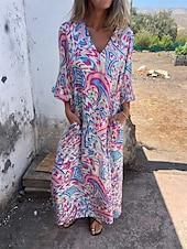 olcso Nyomtasd a virágmintás ruhákat-Női Maxiruha hétköznapi ruha Boho elegáns ruhák Boho ruha Csehország aranyos stílus Stílusos Lámpás hüvely Vakáció Napi Randi Laza öltözet Grafika Féhosszú V-alakú Arcpír rózsaszín Lóhere Nyár Tavasz