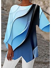 billiga Kvinnors Konst &amp; Design Toppar-Damblus Chiffon Daglig Enkel Neon  Klara Abstrakt Tryck Lång Ärmar Långa Toppar Rund Hals Avslappnad Blå Höst  Vinter