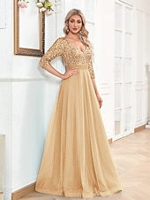 preiswerte BLAU-A-Linie Abschlussballkleider Glitzerndes Kleid Formelle Hochzeit Bodendeckend Langarm V-Ausschnitt Tüll mit Glitzer