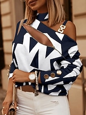 billige Kvinne Enkle Topper-Dame Skjorte Bluse Geometrisk Stilfull Fritid Langermet Asymmetrisk Vanlige topper Daglig Lapper Trykt mønster Hvit Navyblå Kakifarget Grå Sommer Vår