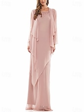 preiswerte Mit Jacke-A-Linie Kleid Kleid Sets Brautmutter Kleid Elegant Einfach Rundhalsausschnitt Bodenlang Chiffon Langärmel mit Perlen tierende Rüschen 2025
