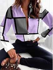 economico Top a Righe e Geometrici per Donne-Camicia Donna Moda Flanella Stampa Bottoni Maniche Lunghe Top Regolari Collo Camicia Casual Rosa Viola Primavera  Autunno