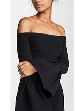 preiswerte SCHWARZ-Jumpsuits Abendkleid Elegantes Kleid Abendparty Party Wear Bodenlang Lange Ärmel Off-Schulter Gürtel  Sash Baumwollmischung Rückenauschnitt mit Rüschen