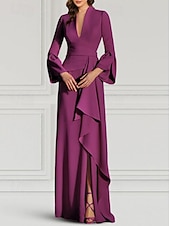 abordables violet-robe de soirée sirène / trompette robe élégante robe formelle de mariage invité balayage / pinceau train manches longues col en V crêpe extensible avec plis bretelles froncées 2025