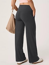 baratos perna larga e cintura alta-Mulheres Calças Esportivas chinês Moda Roupa de rua Comprimento total Cintura Alta Tecido Bolsos Cintura elástica Confortável Macio Micro-Elástica Ao ar livre Rua Preto Verde Claro fúcsia Damasco