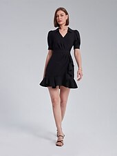cheap Wrap Dresses-Puff Sleeve Wrap Dress with Ruffle