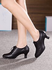 economico Scarpe per balli latini-scarpe da ballo stringate in pelle nera con tacco basso per donna - scarpe comode per sala da ballo e sessioni di allenamento