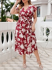tanie Eleganckie sukienki kwiatowe-Damskie Długa sukienka sukienka maxi Codzienne sukienki Sukienka A line Sukienka w kwiatki Letnie sukienki Elegancja Elegancki Urlop Codzienny Randka Regularny Kwiaty Bez rękawów W serek Czerwony Lato