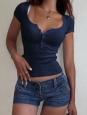 preiswerte Einfarbiges T-Shirt-Damen Hemd Bluse Feste Farbe Basic Brautkleider schlicht Kurzarm V Ausschnitt Normale Oberteile Täglich Knopf Weiß Marineblau Sommer