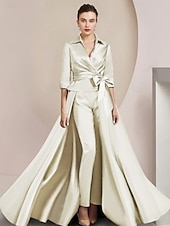 billige Mammas jumpsuits-To-delt jumpsuit/buksedress mor til bruden formell bryllupsgjest elegant skjortekrage ankel lengde sateng halv erme med sløyfe(r) gratis tilpasset størrelse