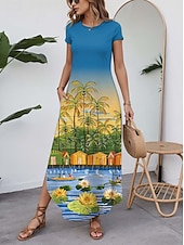 billige Kunst og Design Kjoler-Dame Maxikjole Uformell kjole Årgang Feriereise Normal Tropisk Kortermet Crew-hals Blå Sommer