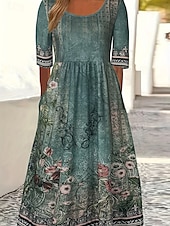 abordables Robes Bohémiennes-Femme Robe Maxi Robe casual Robe Évasée Robe Trapèze robe boheme Décontractées du quotidien Standard Floral Manche Courte Col V Noir Rouge bleu marine Bleu Roi Eté Printemps Automne