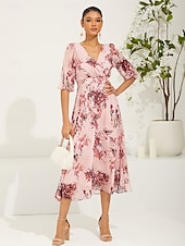 levne Dovolená šaty-Dámské Midi šaty Šifonové šaty Elegantní stylové Nahoře nabírané Svatební Svatební host Denní Běžný Květinový Poloviční rukáv Do V Světlá růžová Léto Jaro Podzim