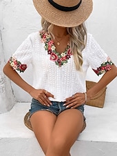 economico Top in Pizzo-Bluse Eleganti in Pizzo Bianco per Donna con Occhielli Blusa Fashion Moderna Colore Unito Top Regolari a Maniche Corte Collo a V Ricamata Fit Regolare Weekend Romantico Petits da Indossare in Estate