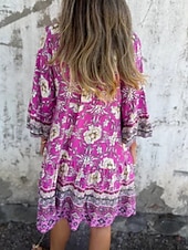 tanie Sukienki kwiatowe na co dzień-Damskie Sukienka midi Codzienne sukienki Sukienki w stylu boho Bohema Codzienny Boho Urlop Codzienny Plaża Luźna Kwiaty Rękaw 3/4 Kołnierzyk koszuli Granatowy Królewski błękit Fioletowy Lato Wiosna