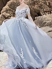 cheap Prom Dresses-A-Line Prom Dresses Elegant Dress Formal Cocktail Party Sweep / Brush Train Short Sleeve Sweetheart Tulle with Beading Appliques 2025