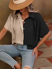 voordelige Vrouwen Werk Tops-Dames Overhemd Blouse Effen Kleur Stijlvol Casual Korte mouw Overhemdkraag Normale tops Dagelijks Knop Zwart Wit Zomer Lente