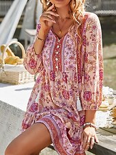 preiswerte Ausgefallene Kleider-Damen Minikleid Casual kleid Boho Chic Kleider Boho-Kleid Böhmen Kuschelig Stilvoll Urlaub Täglich Strand Lockere Passform Graphic Langarm V Ausschnitt Rote Grün Frühling Herbst