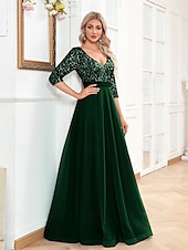preiswerte BLAU-A-Linie Abschlussballkleider Glitzerndes Kleid Formelle Hochzeit Bodendeckend Langarm V-Ausschnitt Tüll mit Glitzer