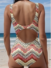 cheap One-piece swimsuits-Women&#039;s Swimsuits One Piece Monokini Swimsuit Backless Tummy Control High Waist Slim Vacation Vintage Color Block U Neck Sleeveless Bathing Suits