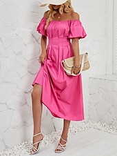 abordables Robe de cocktail-Femme Robe mi-longue Robe casual Robe Évasée Robe Trapèze Elégant mode Décontractées Vacances du quotidien Standard Plein Manche Courte Epaules Dénudées Rose Claire Orange Eté Printemps