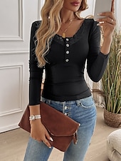 economico Top in Pizzo-Top in pizzo bianco elegante da donna camicetta di pizzo elegante solidale top regolari quotidiani maniche lunghe scollo a barca vestibilità regolare top romantici da indossare quotidianamente petite